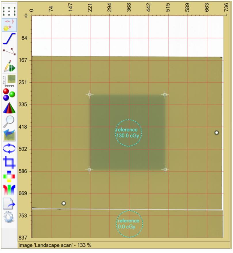 Image showing fiducial management tool screen highlighting landscape image with fiducials and calibration regions