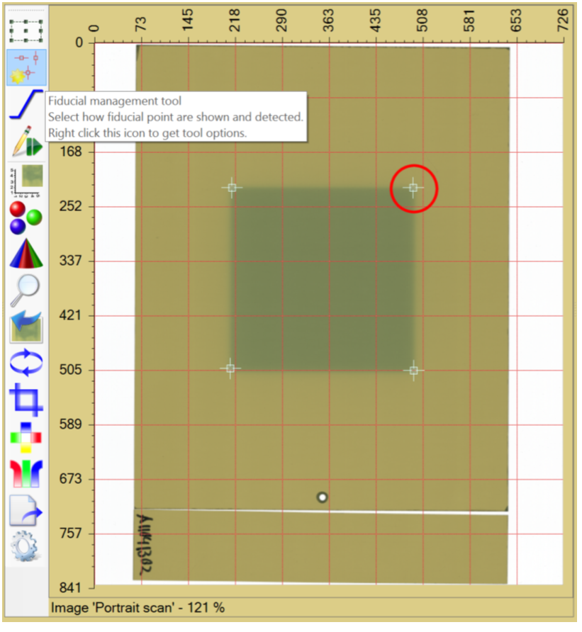 Image showing fiducial management tool with general fiducial marks highlighted with a red circle mark.