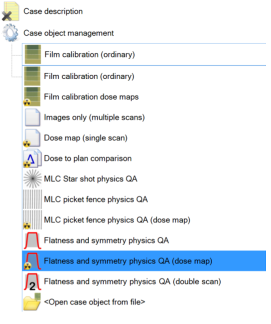 Image showing the selection of the 'Flatness and symmetry physics QA (dose map)' option.