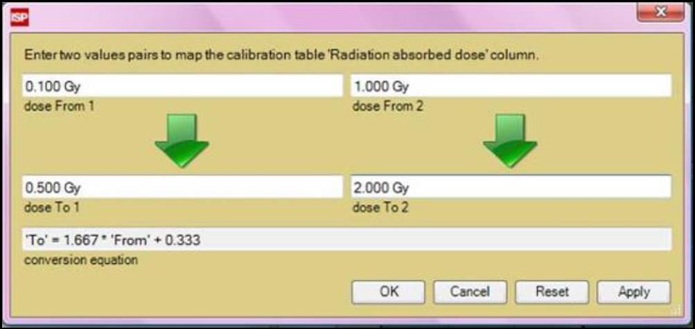 Screenshot of window for mapping calibration table.