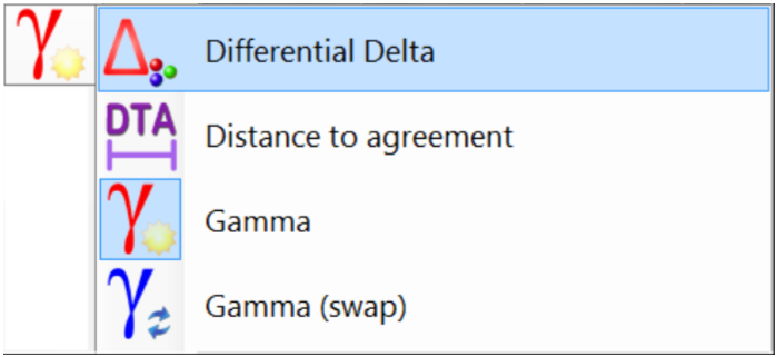 Comparison map options include: differential delta, distance to agreement, gamma, and gamma (swap).