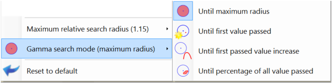 Image showing the options under 'Gamma search mode (maximum radius)'.