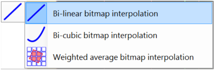 Image showing the available projections: bi-linear bitmap interpolation, bi-cubic bitmap interpolation, and weighted average bitmap interpolation.