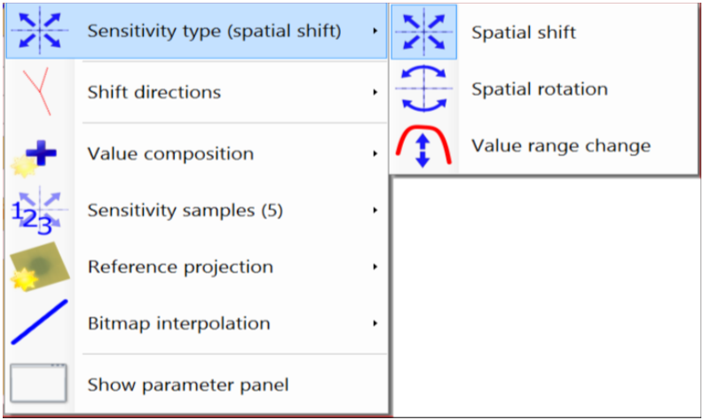 Screenshot showing sensitivity type (spatial shift) options in navigation.