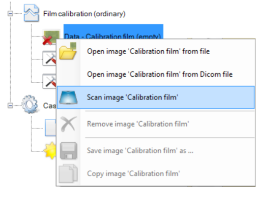 Image showing options to add an ordinary film calibration with 'Scan image calibration film' selected.